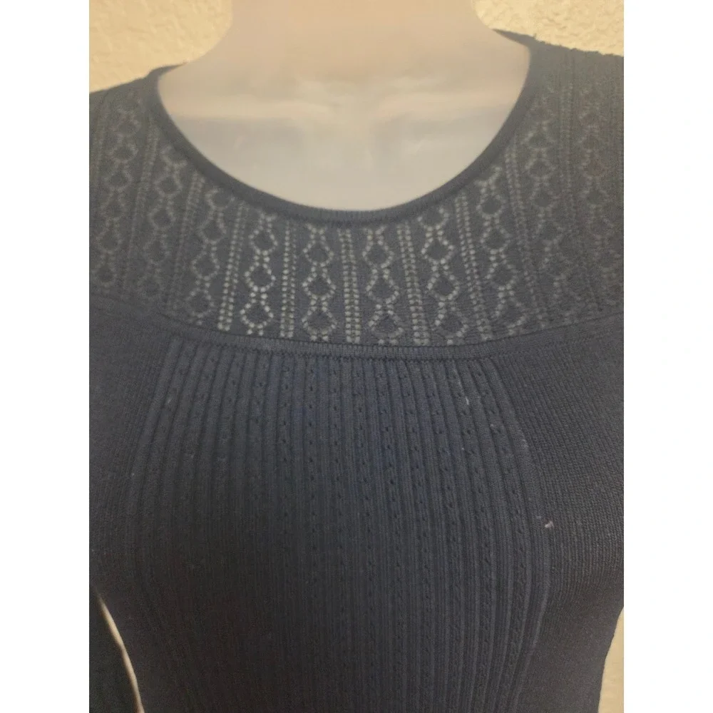 Marchesa Voyage Navy Blue Crochet Lace‎ Ribbed Knit Sheath Dress XS 3/4 Sleeve - Picture 5 of 9